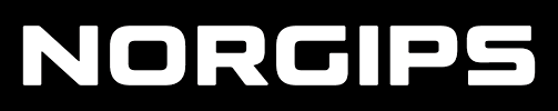 Norgips logotyp med vit text och svart bakgrund